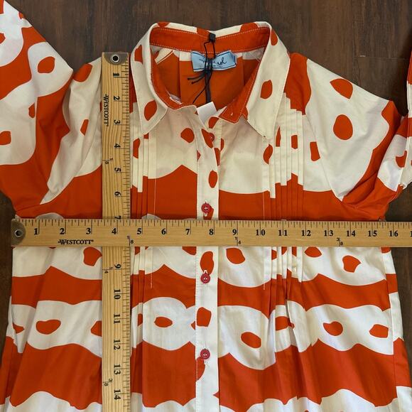 MIMISOL Long Shirt Dress Orange White Abstract Pleated Cotton Artsy NWT - Picture 11 of 12